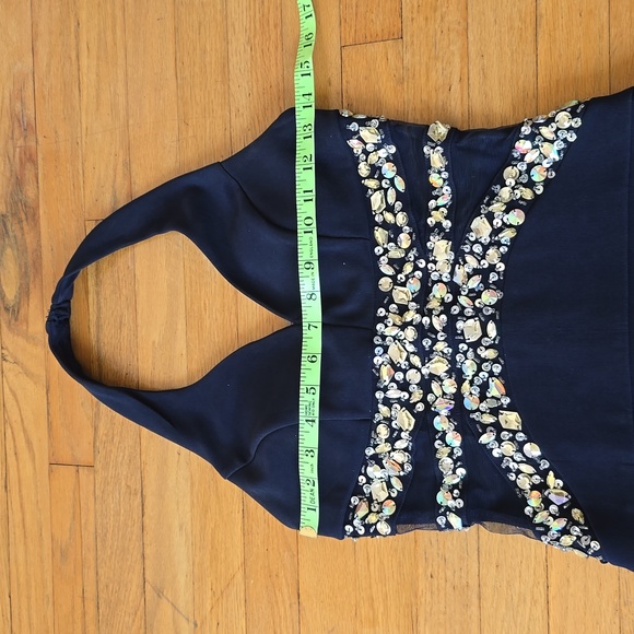 Crystal Doll Navy Blue Halter Neck Beaded Sequins Sheer Size S - Picture 6 of 9